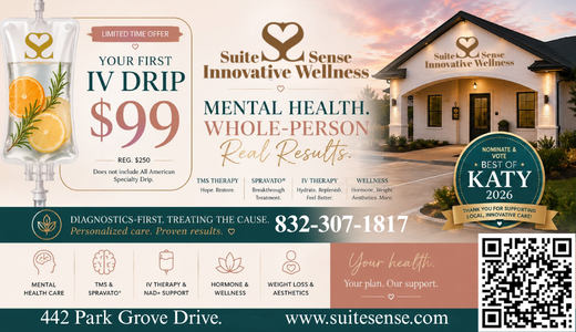 Suite Sense Innovative Wellness is a diagnostics-first wellness and mental health center in Katy offering TMS therapy, Spravato®, IV therapy, hormones, aesthetics, and whole-person care.