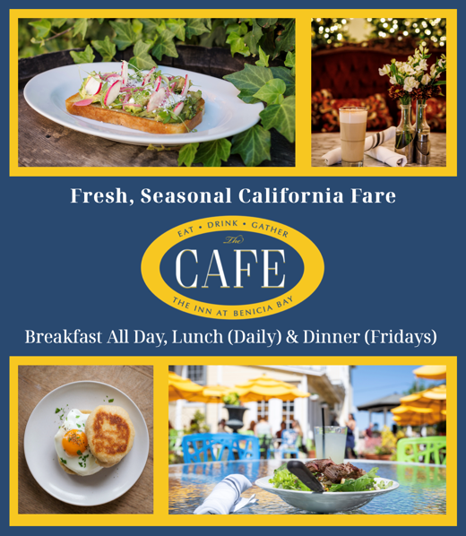 Benicia cafe serving fresh, seasonal California fare with beautiful outdoor garden seating. 